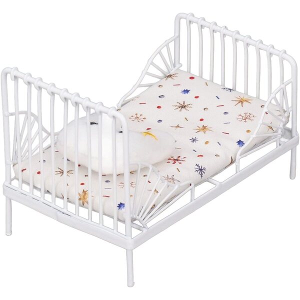 Set Letto Miniatura 1:12 Casa delle Bambole con Motivo Floreale e Struttura in Metallo