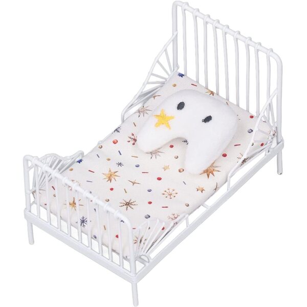 Set Letto Miniatura 1:12 Casa delle Bambole con Motivo Floreale e Struttura in Metallo