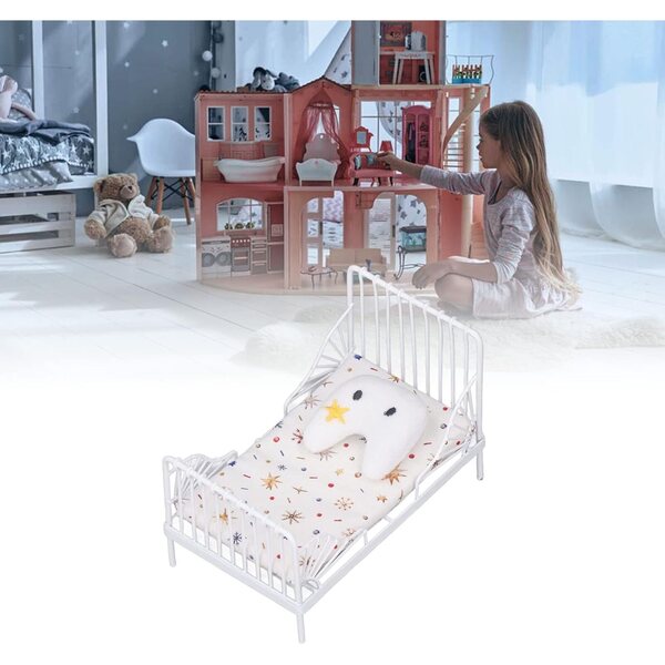 Set Letto Miniatura 1:12 Casa delle Bambole con Motivo Floreale e Struttura in Metallo