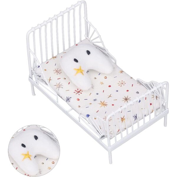 Set Letto Miniatura 1:12 Casa delle Bambole con Motivo Floreale e Struttura in Metallo