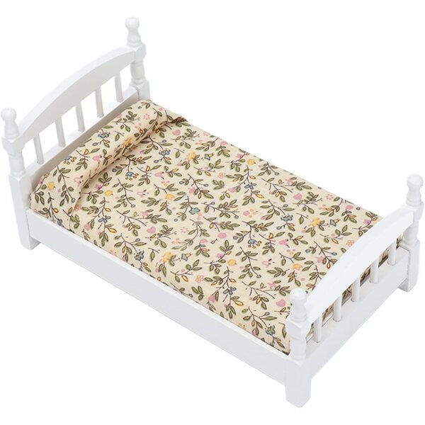 Mini Letto in Legno di Betulla per Casa delle Bambole 1:12 con Cuscino e Design Floreale
