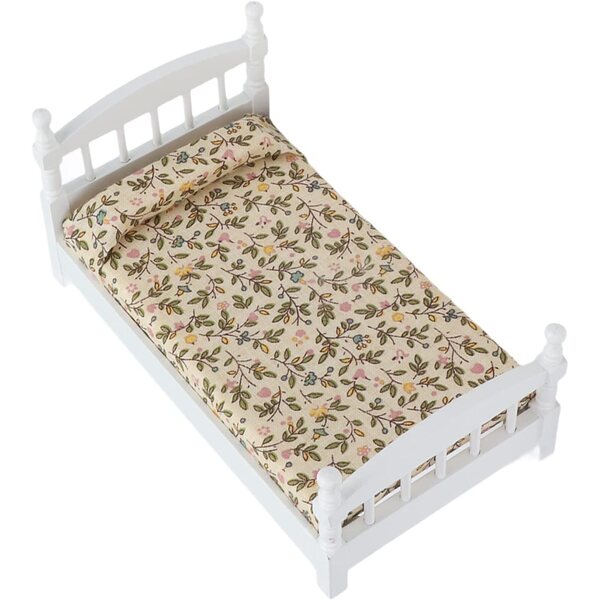 Mini Letto in Legno di Betulla per Casa delle Bambole 1:12 con Cuscino e Design Floreale