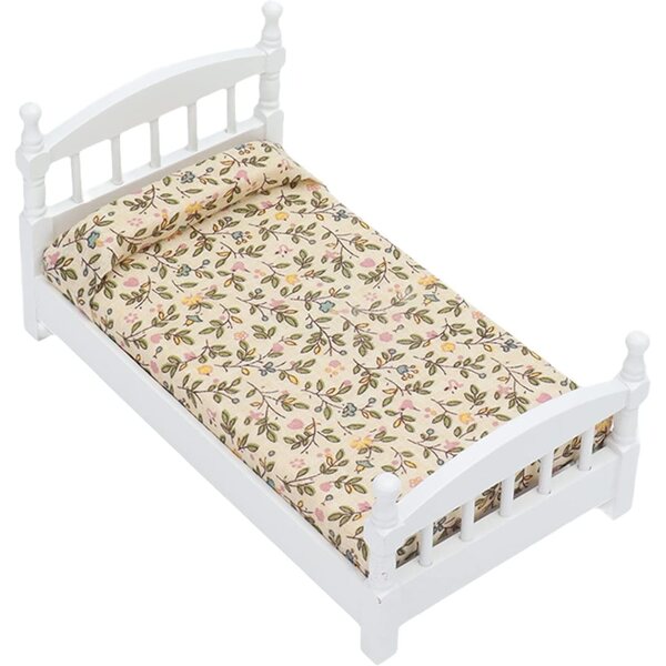Mini Letto in Legno di Betulla per Casa delle Bambole 1:12 con Cuscino e Design Floreale