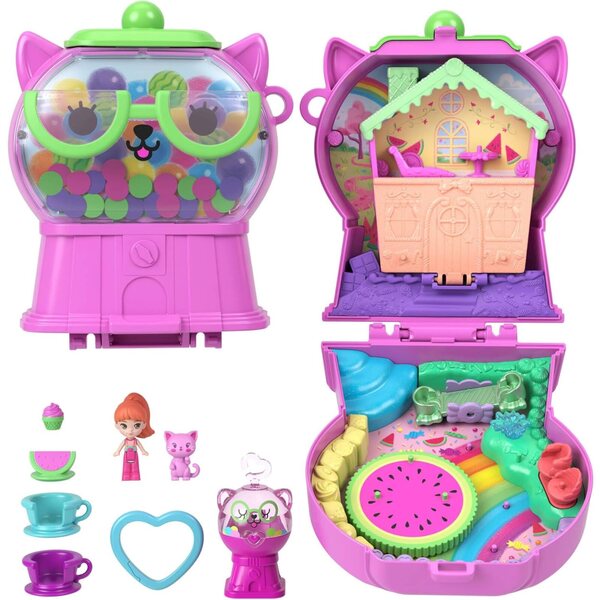 Polly Pocket Bubblegum Kitty koffer met pop, accessoires en glitters