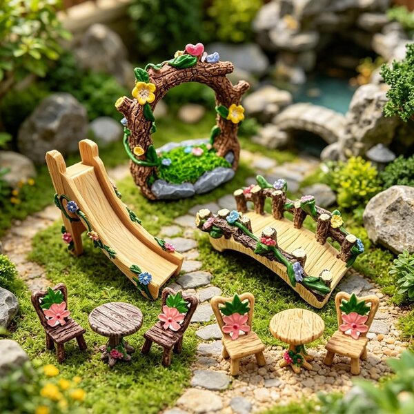 AWEELON Zestaw 9 miniaturowych akcesoriów do bajkowego ogrodu z meblami i dekoracjami
