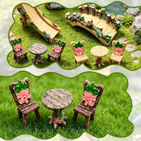 AWEELON Zestaw 9 miniaturowych akcesoriów do bajkowego ogrodu z meblami i dekoracjami