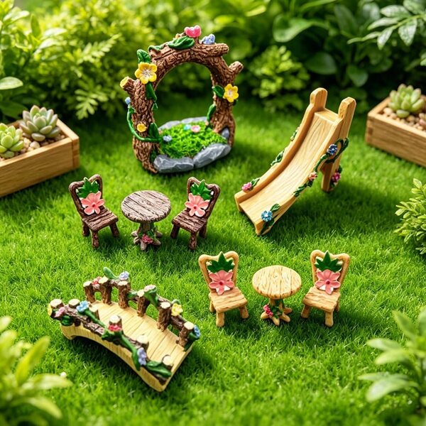 AWEELON Zestaw 9 miniaturowych akcesoriów do bajkowego ogrodu z meblami i dekoracjami