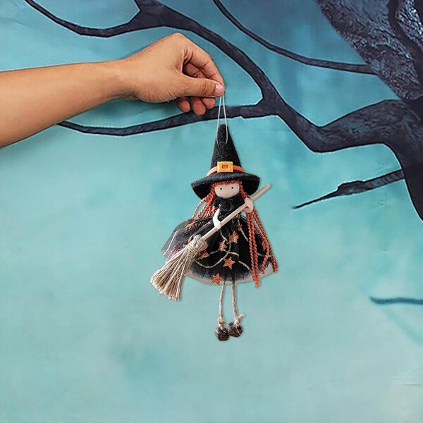 Poupée sorcière décorative à suspendre pour Halloween, 20x12 cm, en tissu noir.