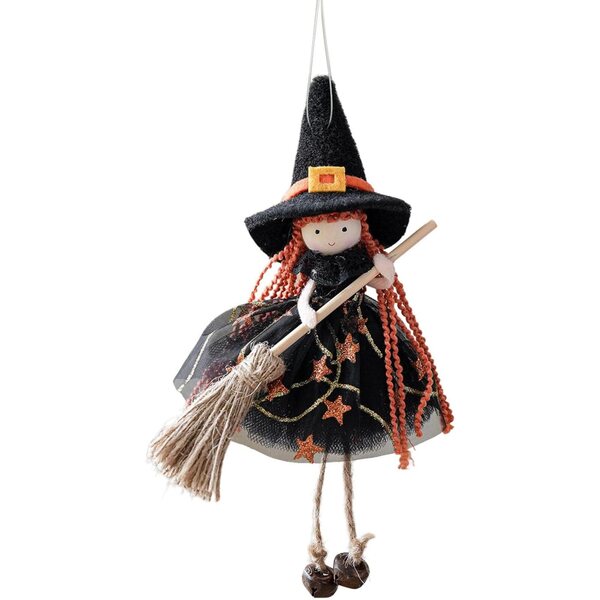 Poupée sorcière décorative à suspendre pour Halloween, 20x12 cm, en tissu noir.
