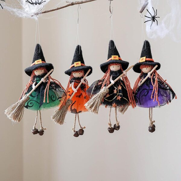 Poupée sorcière décorative à suspendre pour Halloween, 20x12 cm, en tissu noir.