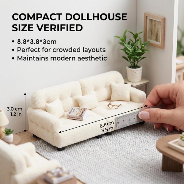 Mini-Sofa im Maßstab 1:12 für Puppenhaus, weiche, beflockte Cremefarbe