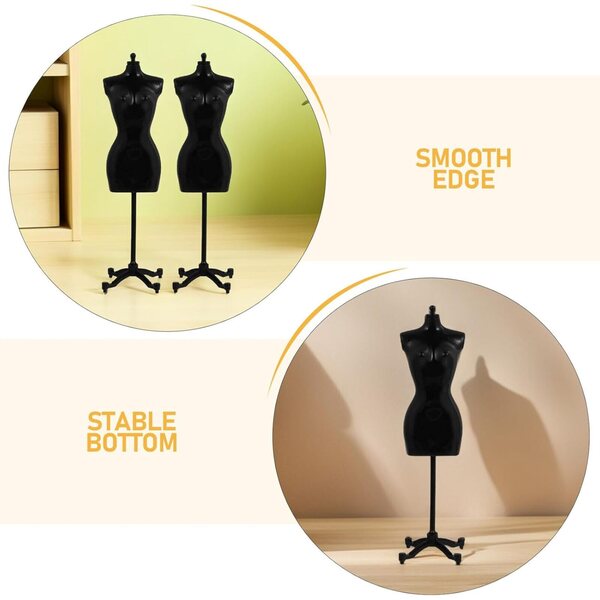 WOONEKY Set van 6 mini-kunststof mannequinhouders voor poppenkleding, zwart