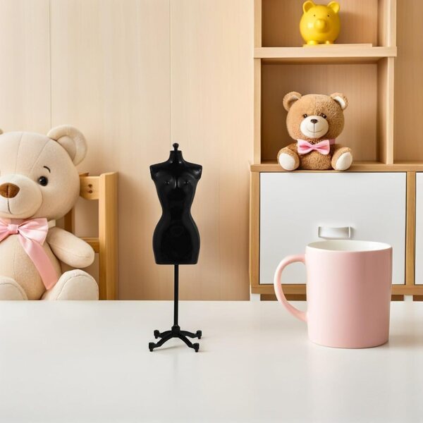 WOONEKY Set van 6 mini-kunststof mannequinhouders voor poppenkleding, zwart