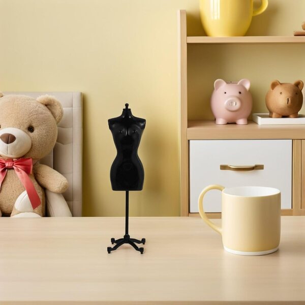 WOONEKY Set van 6 mini-kunststof mannequinhouders voor poppenkleding, zwart