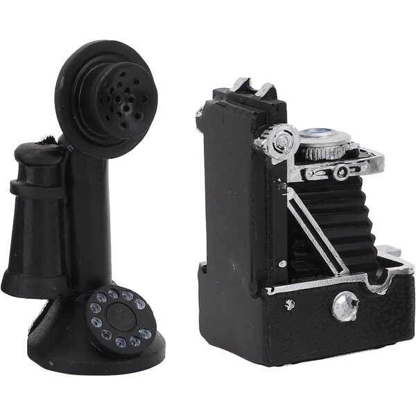 Miniatűr telefon- és vintage kameramodell gyantából otthoni és asztali dekorációhoz