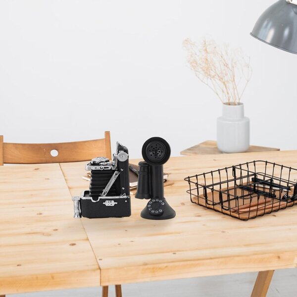 Modelo de teléfono en miniatura y cámara vintage en resina para decoración del hogar y el escritorio