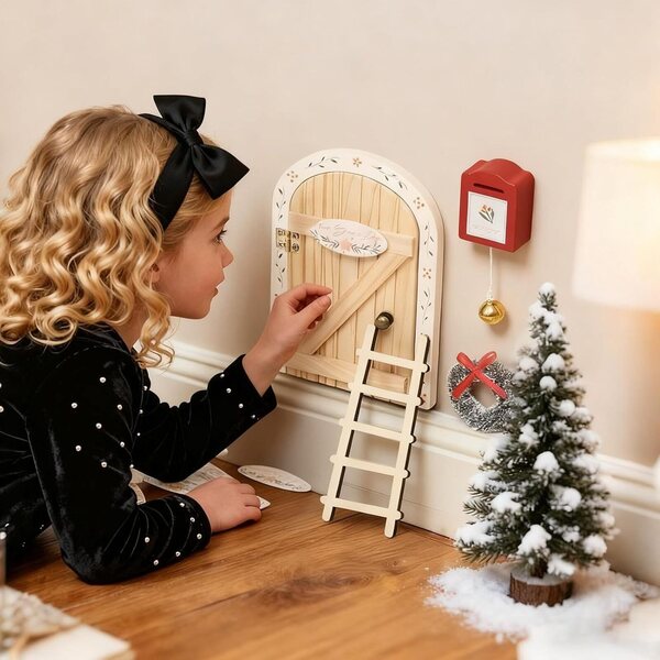 Porta de madeira em miniatura para decorações de Natal e sala de aula criativa Bsbkoj