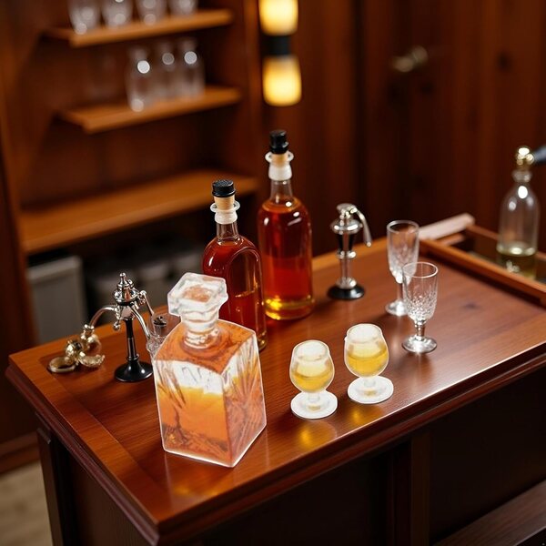 Miniaturní sada lahví na víno a whisky 1:12, model baru Dollhouse