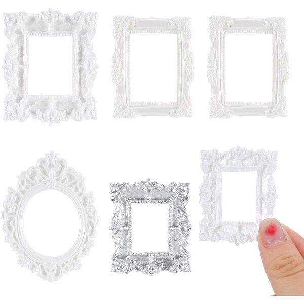 Set mit 5 Vintage-Heclia-Miniaturrahmen für Puppenhäuser mit silbernen Kanten