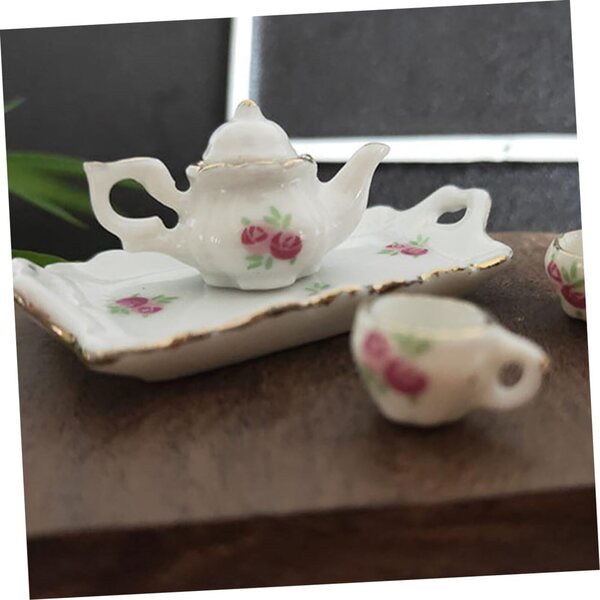 Set miniatural din ceramică pentru casă de păpuși Hemobllo, cești realiste și ceainic