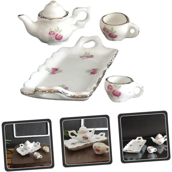 Set miniatural din ceramică pentru casă de păpuși Hemobllo, cești realiste și ceainic
