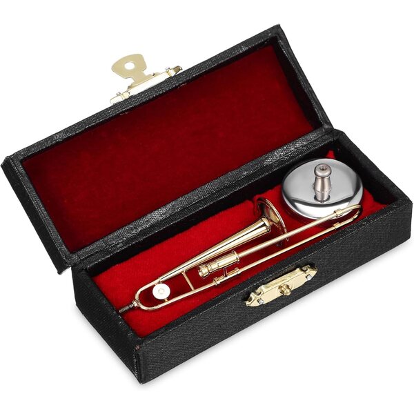 Mini trombone réaliste en cuivre avec support et étui pour collections de musique