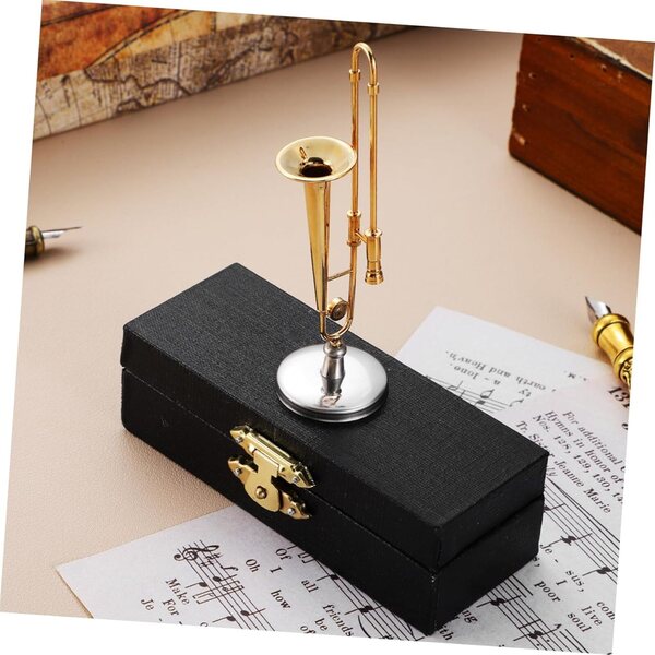 Mini trombone réaliste en cuivre avec support et étui pour collections de musique