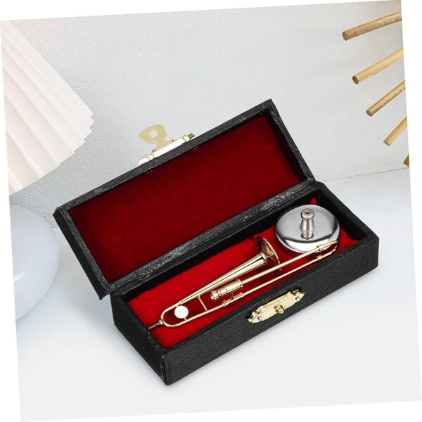 Mini trombone réaliste en cuivre avec support et étui pour collections de musique