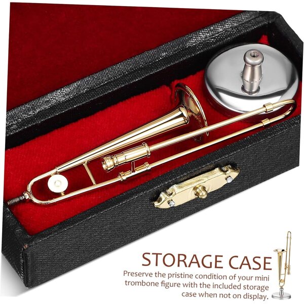 Mini trombone réaliste en cuivre avec support et étui pour collections de musique