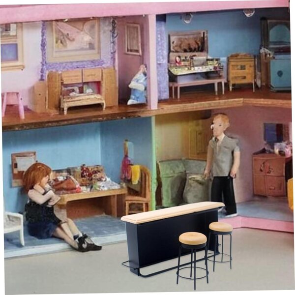 3-teiliges Puppenhaus-Miniaturmöbelset aus Holz mit Bartheke und Hockern