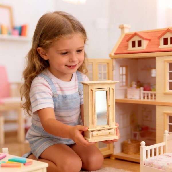 Armadio in Miniatura 1:12 in Legno con Specchio Acrilico per Casa delle Bambole