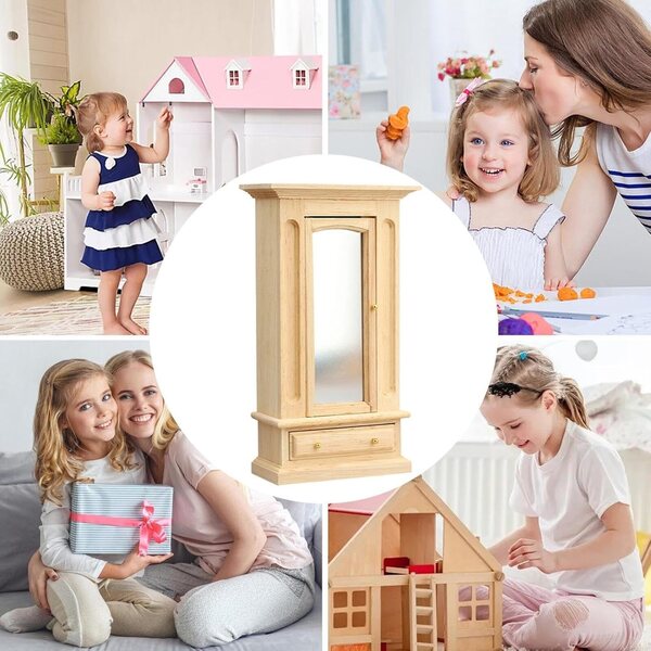 Armadio in Miniatura 1:12 in Legno con Specchio Acrilico per Casa delle Bambole