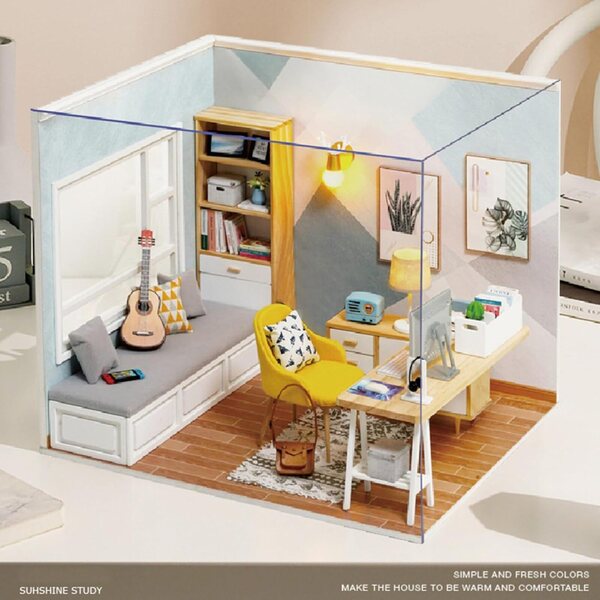 5-Zoll-DIY-Miniaturhaus-Bausatz, Arbeitszimmer mit LED – kreatives Geschenk für Kinder
