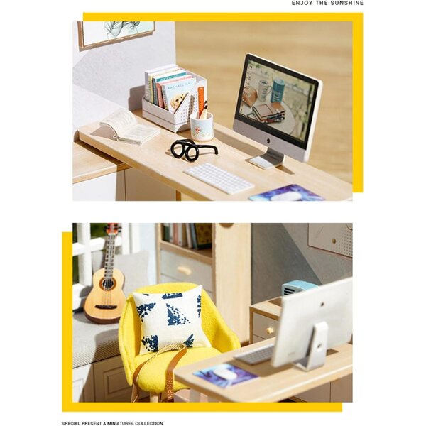 5-Zoll-DIY-Miniaturhaus-Bausatz, Arbeitszimmer mit LED – kreatives Geschenk für Kinder