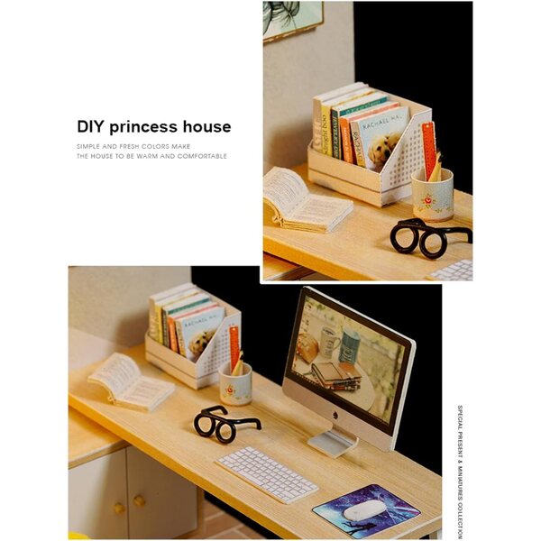 5-Zoll-DIY-Miniaturhaus-Bausatz, Arbeitszimmer mit LED – kreatives Geschenk für Kinder
