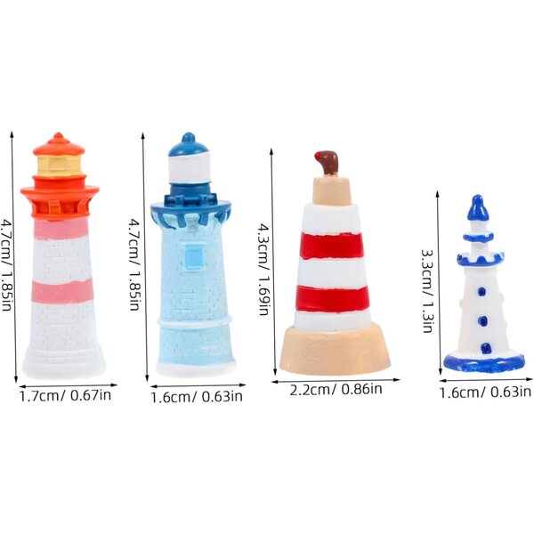 Set mit 4 dekorativen Mini-Leuchttürmen aus Kunstharz für Mikrolandschaften und nautische Dekorationen