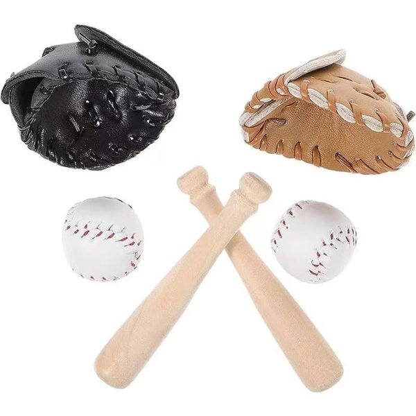 Miniatur Baseball Spill 1/12 schwaarz mat Handschuesch, Batter a Ball fir Poppenhaus