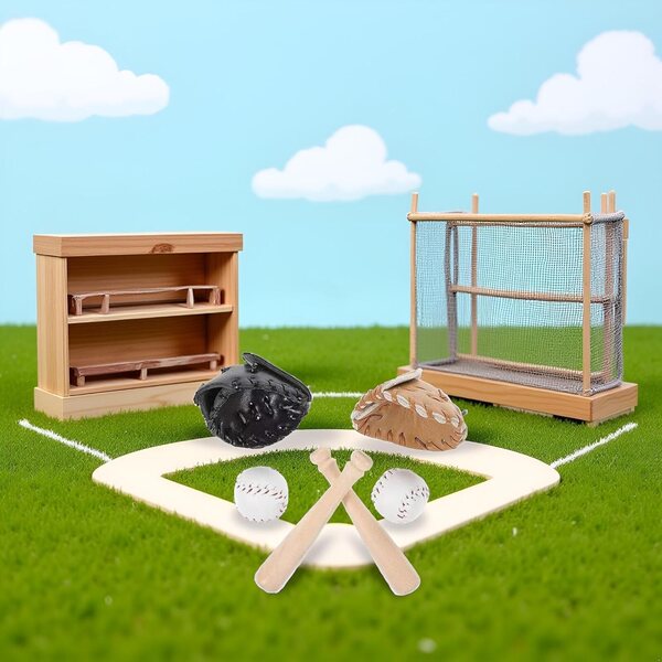 Miniaturní baseballová hra 1/12 černá s rukavicí, těstem a míčkem do domečku pro panenky