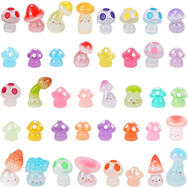 40 figuras de hongos de resina que brillan en la oscuridad en miniatura de resina luminosa de hongos pequeños para micropaisajes, jardín de hadas, terrario y decoración de casa de muñecas