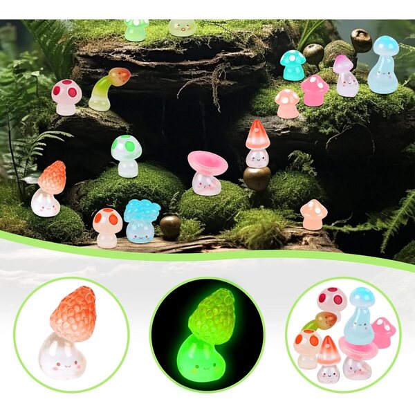 40 figuras de hongos de resina que brillan en la oscuridad en miniatura de resina luminosa de hongos pequeños para micropaisajes, jardín de hadas, terrario y decoración de casa de muñecas