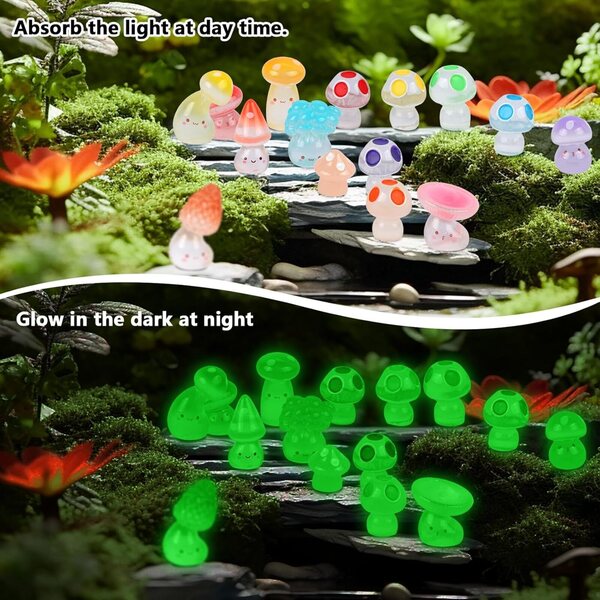 40 figuras de hongos de resina que brillan en la oscuridad en miniatura de resina luminosa de hongos pequeños para micropaisajes, jardín de hadas, terrario y decoración de casa de muñecas