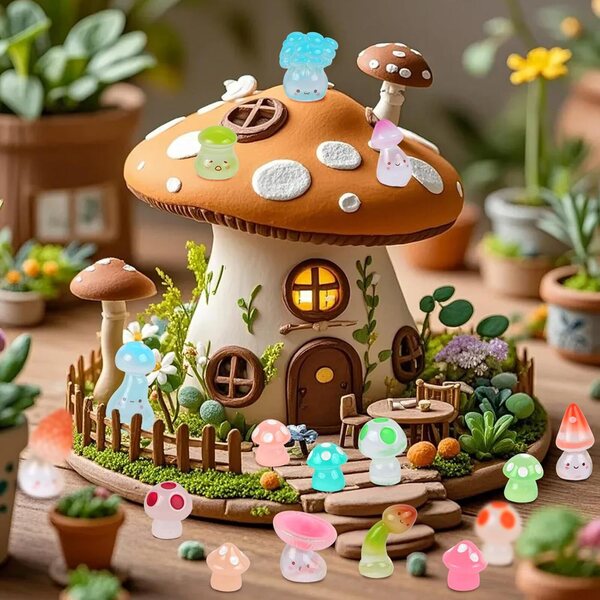 40 figuras de hongos de resina que brillan en la oscuridad en miniatura de resina luminosa de hongos pequeños para micropaisajes, jardín de hadas, terrario y decoración de casa de muñecas