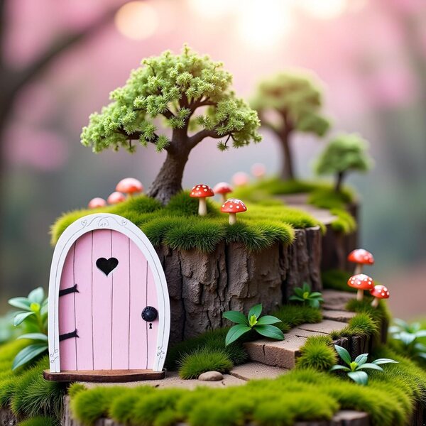 Pink Streak - Mini puerta de jardín de hadas 3D para árbol, puerta de hadas en miniatura para puertas de casa pequeñas de cuento de hadas, terrario bonsái, decoración de micropaisaje, accesorios en