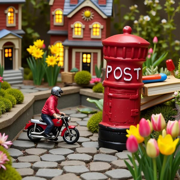 Red Miniatur Retro Mailbox fir Clockjuan Bambus a Gardens House