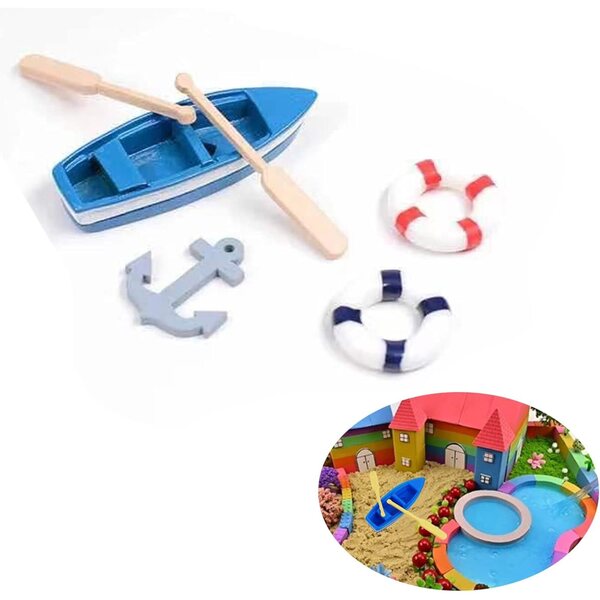 Set mit 3 blauen Mini-Ruderbooten für die Dekoration von Feengärten und Puppenhäusern
