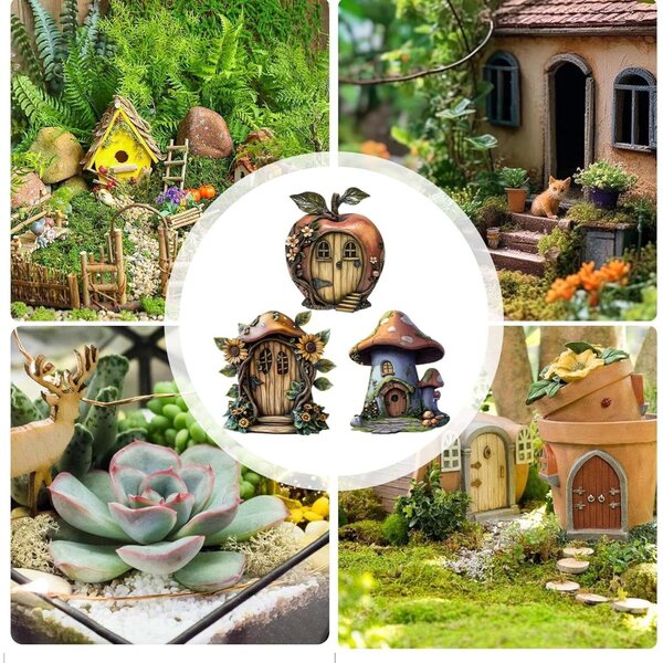 2D-Feentür aus Holz mit 3 rustikalen Accessoires für Garten- und Kinderdekoration