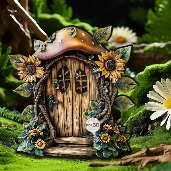 2D-Feentür aus Holz mit 3 rustikalen Accessoires für Garten- und Kinderdekoration