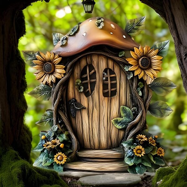 2D-Feentür aus Holz mit 3 rustikalen Accessoires für Garten- und Kinderdekoration