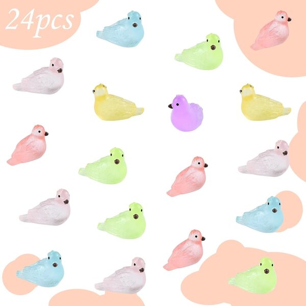 24 piezas de coloridos animales de mini paloma luminosos de resina para casa de muñecas, jardín, paisaje, acuario, decoración de fiesta