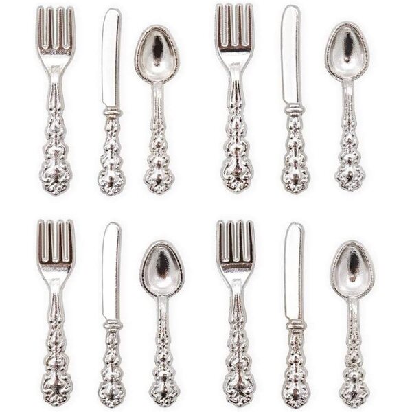 1/12 dockskåp miniatyr silver bestick set - kniv, gaffel, sked